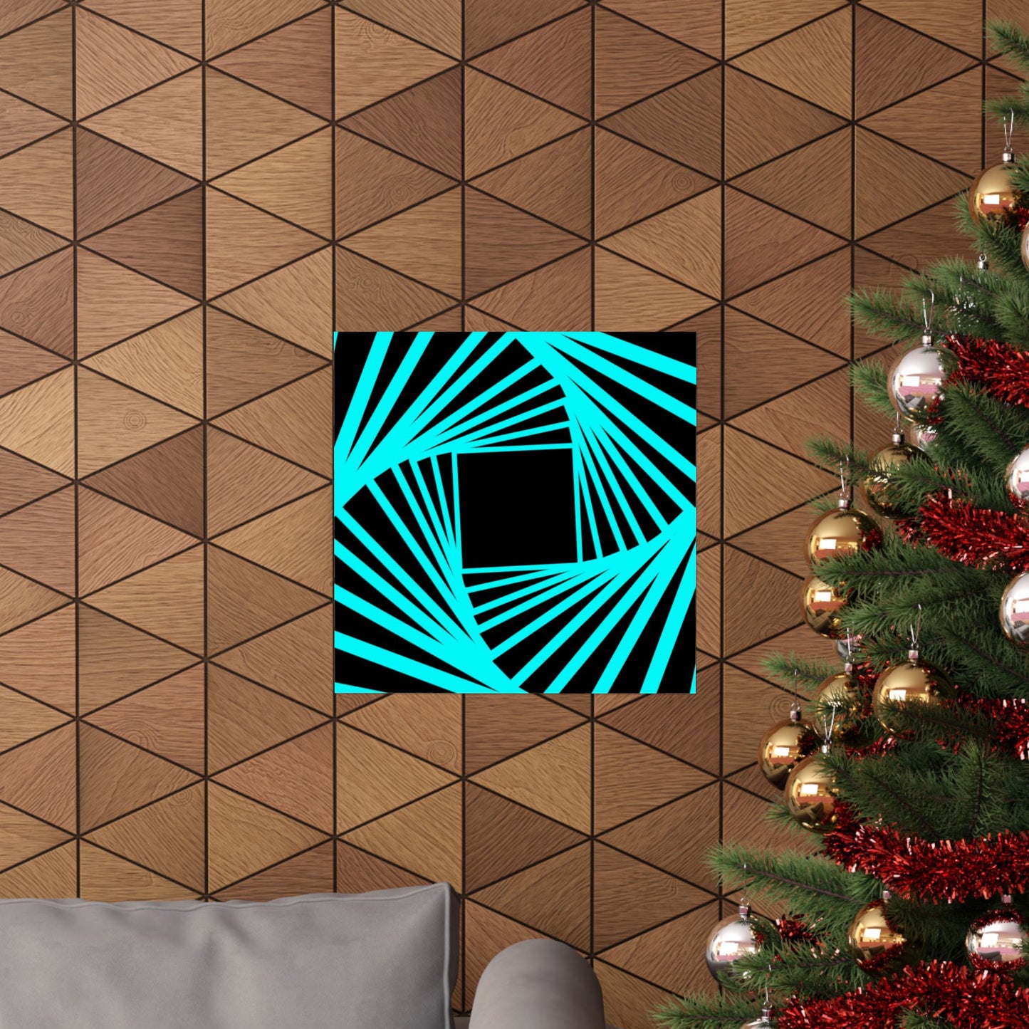 Geometric Spiral Optical Art Poster — Turquoise Black Matte Vertical Print