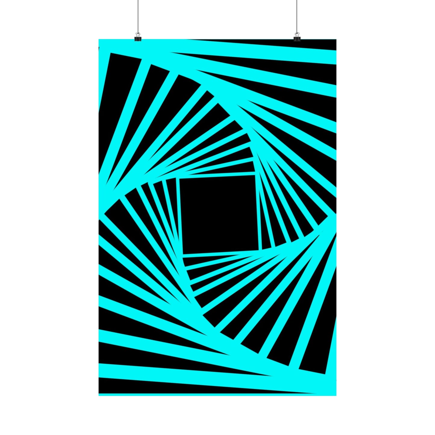 Geometric Spiral Optical Art Poster — Turquoise Black Matte Vertical Print