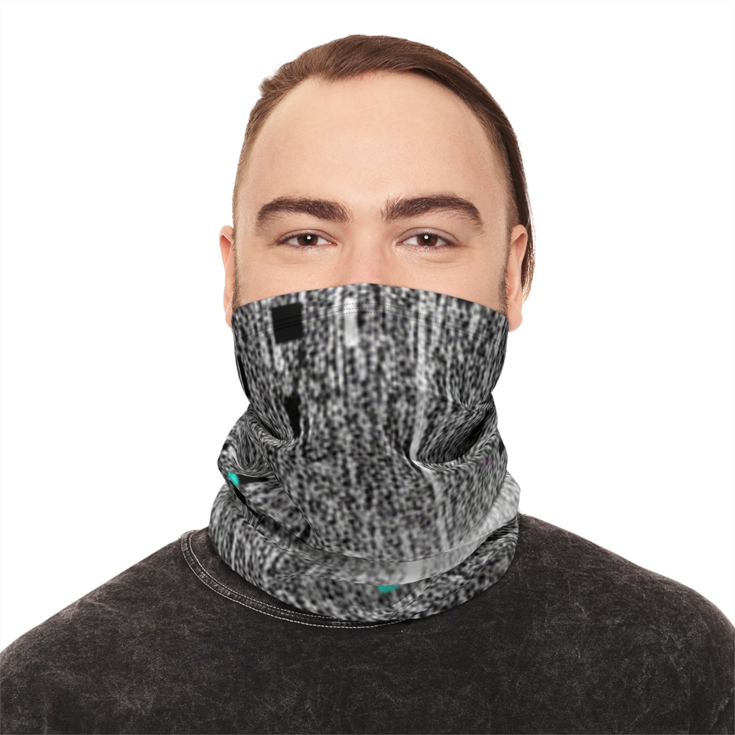 Glitch Snowfall Winter Neck Gaiter with Drawstring — Cyber Pixel Cold-Weather Face Mask