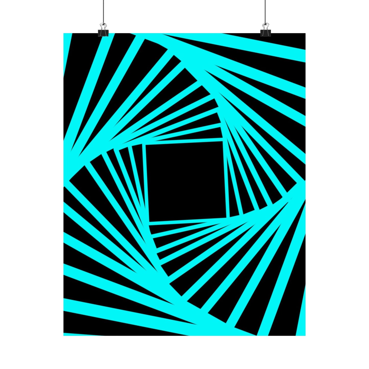 Geometric Spiral Optical Art Poster — Turquoise Black Matte Vertical Print