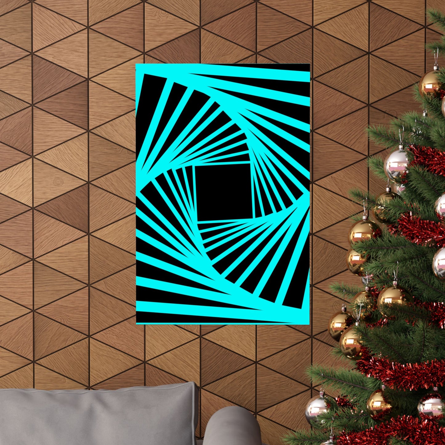 Geometric Spiral Optical Art Poster — Turquoise Black Matte Vertical Print