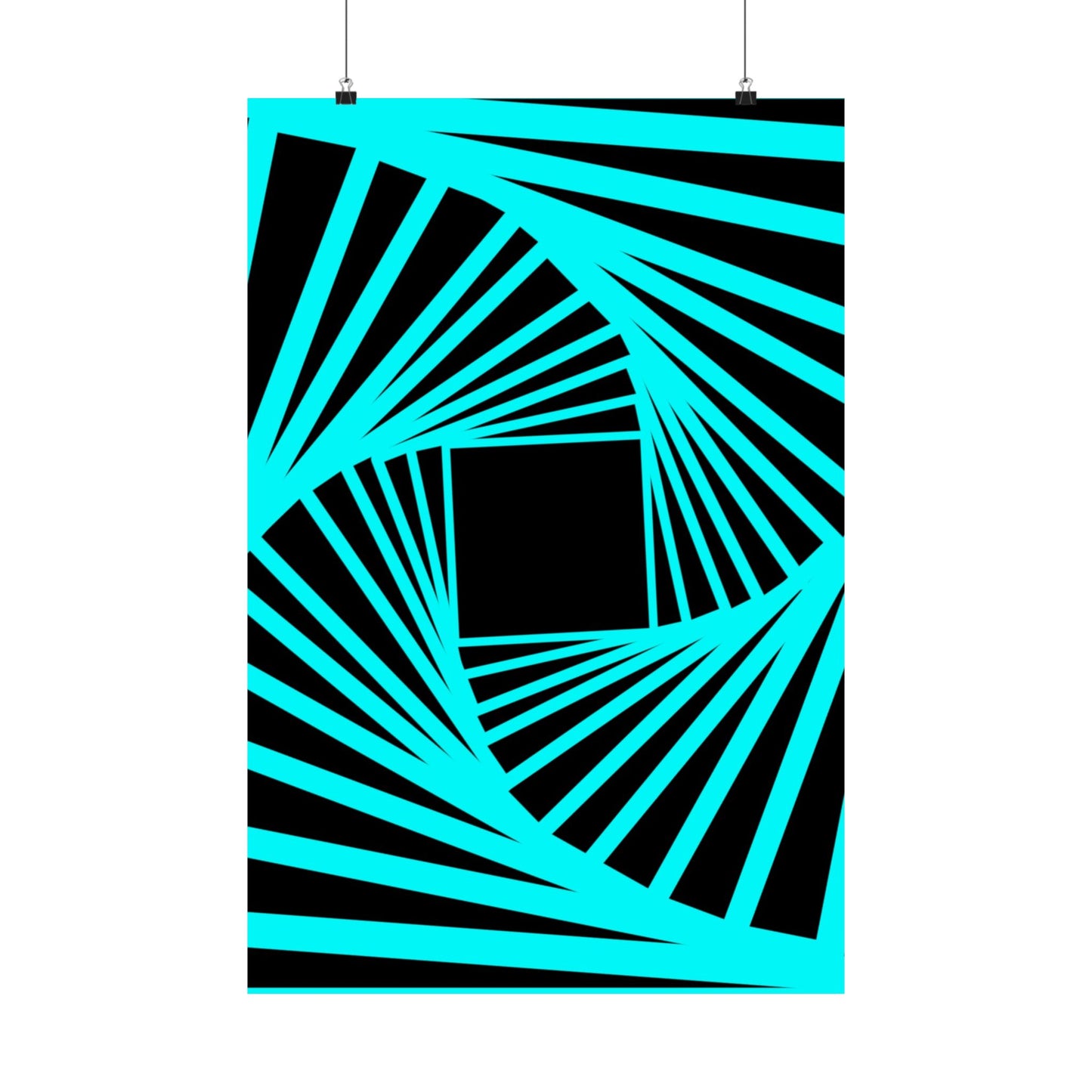 Geometric Spiral Optical Art Poster — Turquoise Black Matte Vertical Print