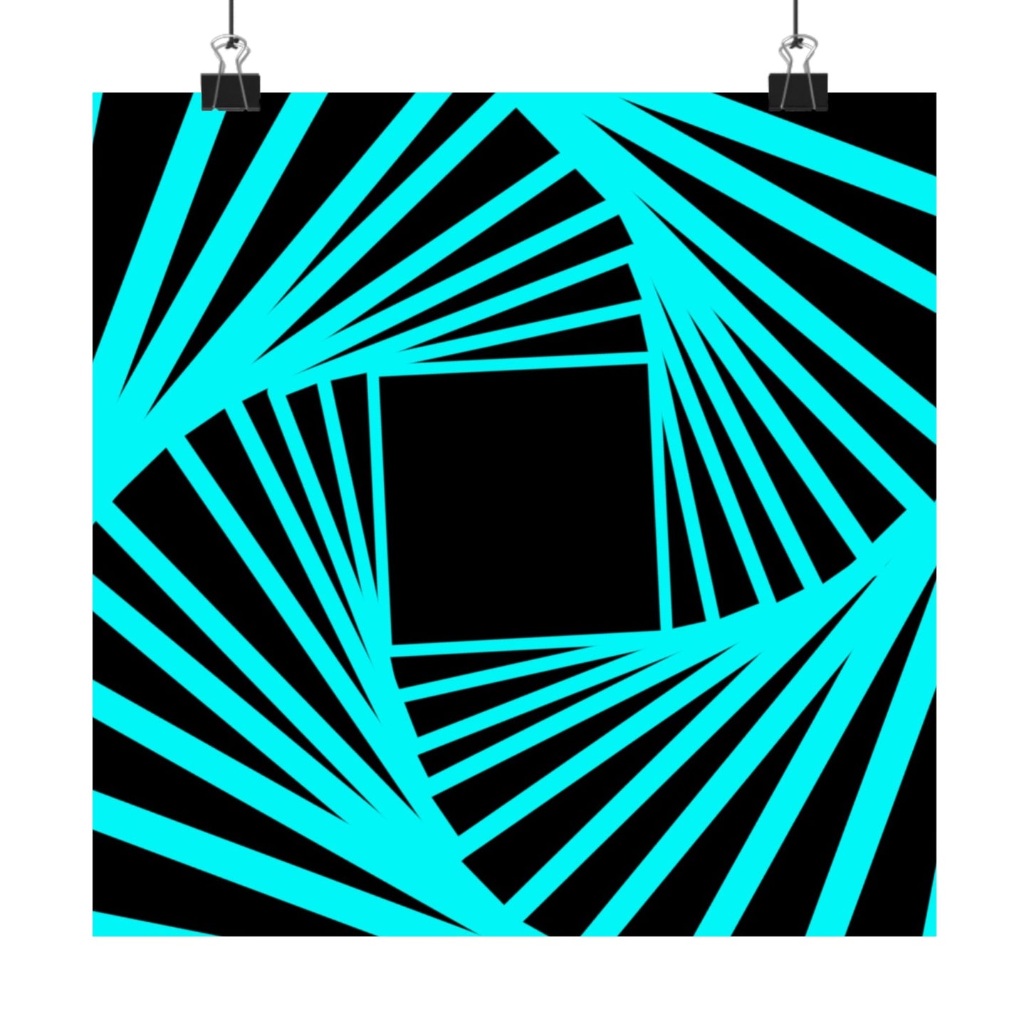 Geometric Spiral Optical Art Poster — Turquoise Black Matte Vertical Print