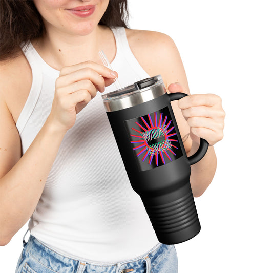 40oz Insulated Travel Mug — 'What A Vibe' Neon Sunburst Design
