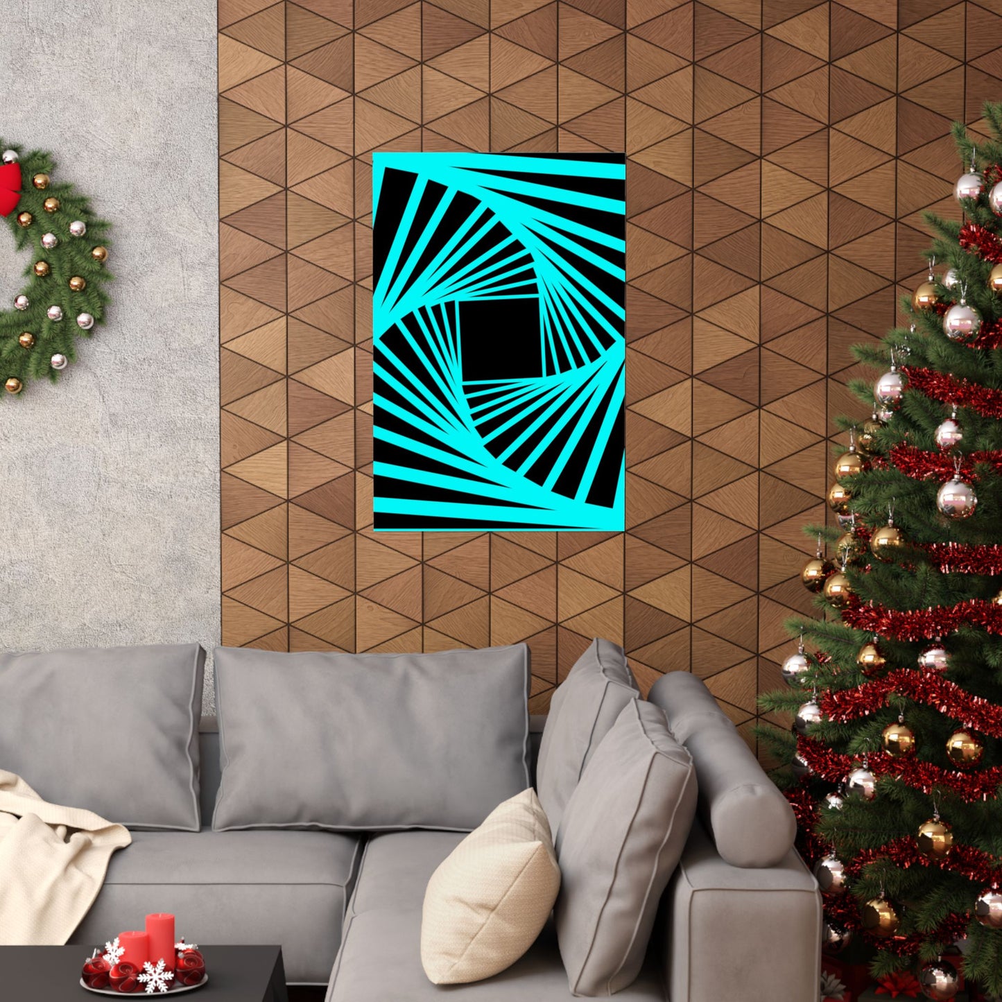 Geometric Spiral Optical Art Poster — Turquoise Black Matte Vertical Print