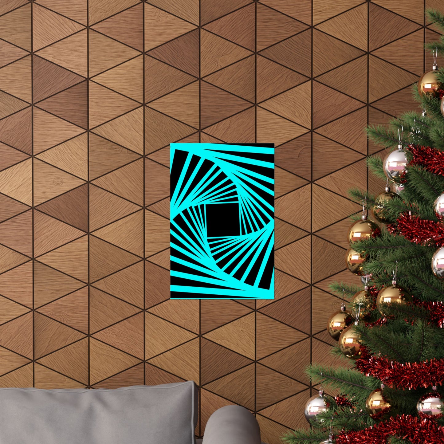 Geometric Spiral Optical Art Poster — Turquoise Black Matte Vertical Print