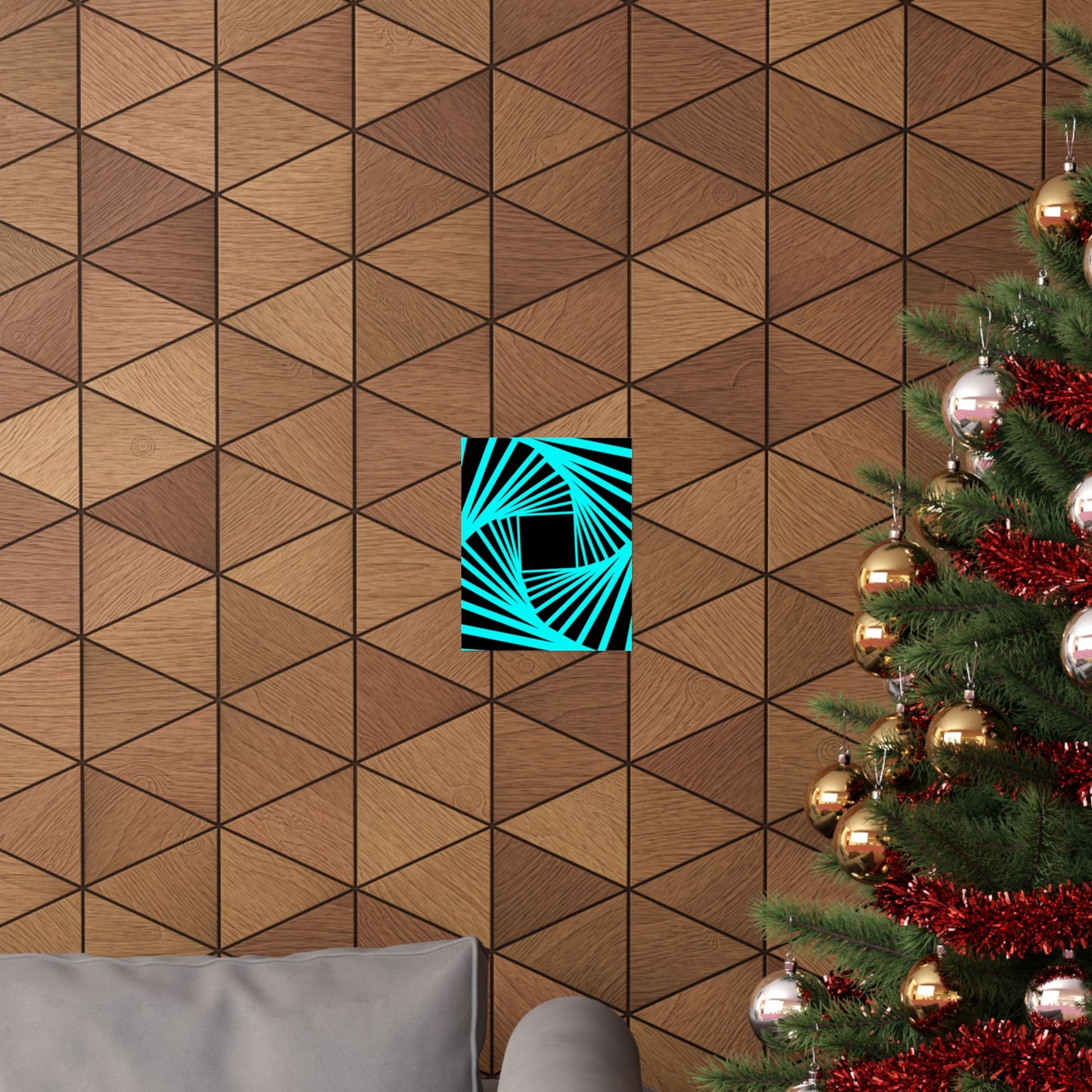 Geometric Spiral Optical Art Poster — Turquoise Black Matte Vertical Print