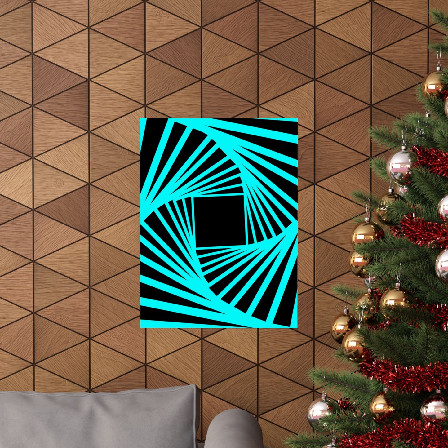 Geometric Spiral Optical Art Poster — Turquoise Black Matte Vertical Print