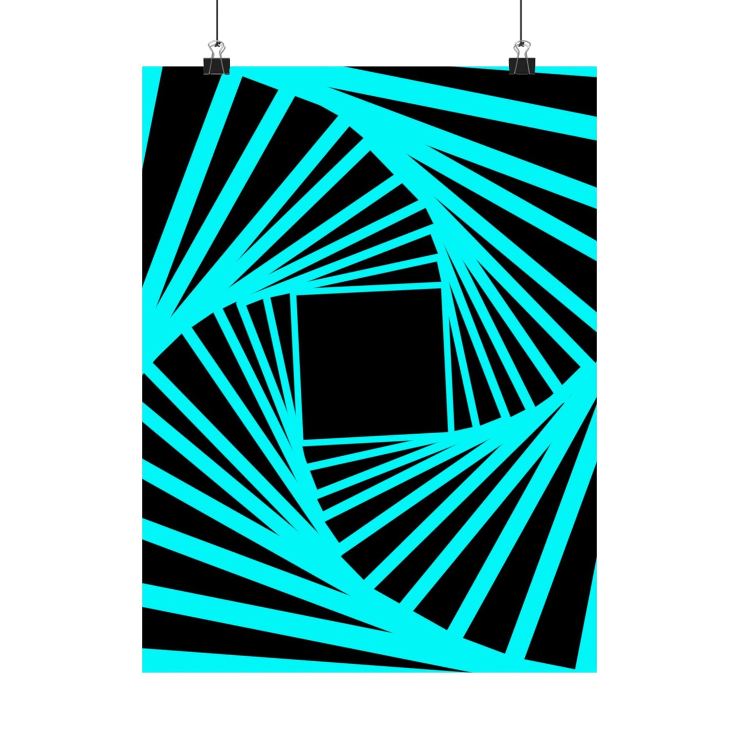 Geometric Spiral Optical Art Poster — Turquoise Black Matte Vertical Print