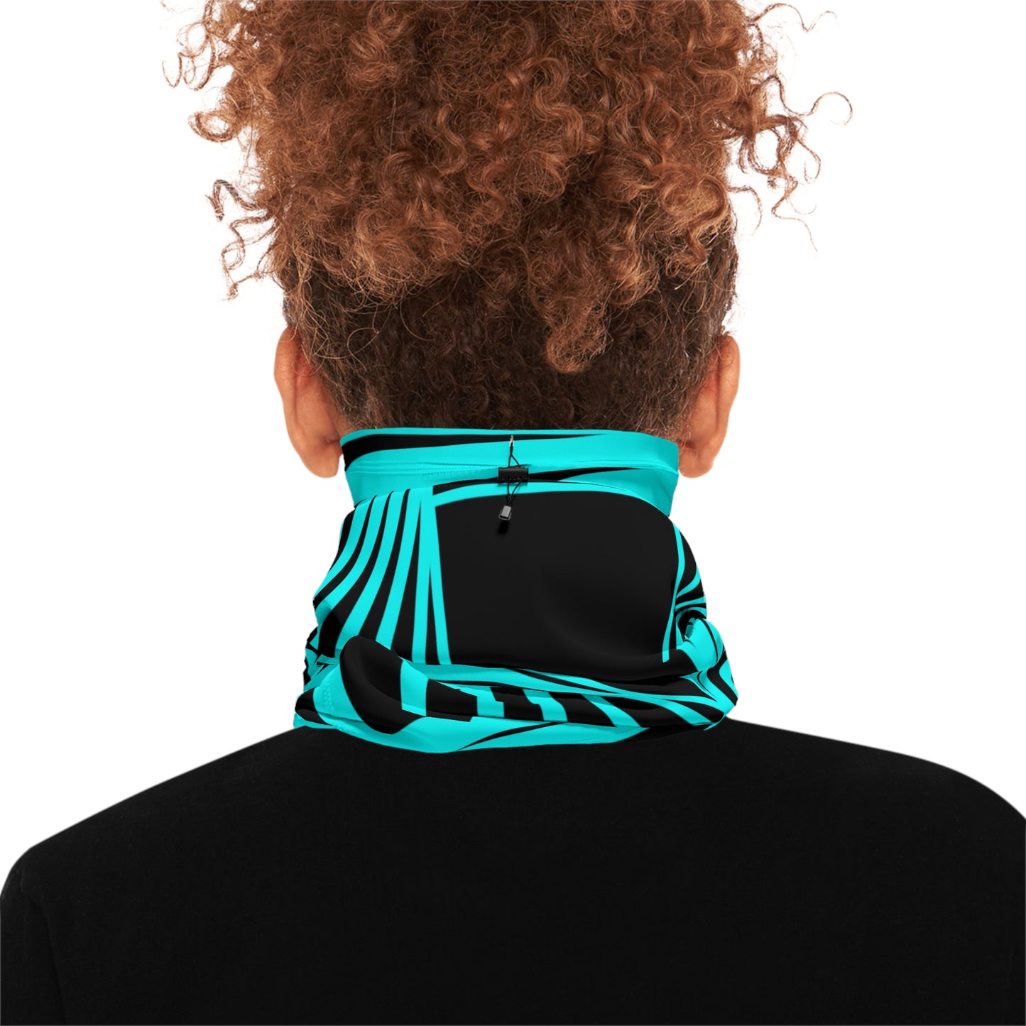 Geometric Spiral Winter Neck Gaiter — Turquoise Black Drawstring Cold-Weather Face Cover