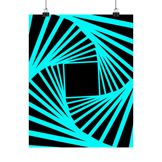 Geometric Spiral Optical Art Poster — Turquoise Black Matte Vertical Print