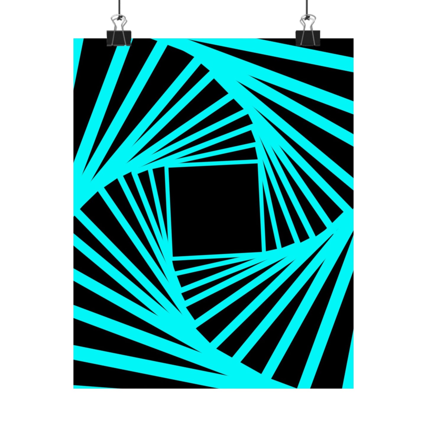 Geometric Spiral Optical Art Poster — Turquoise Black Matte Vertical Print