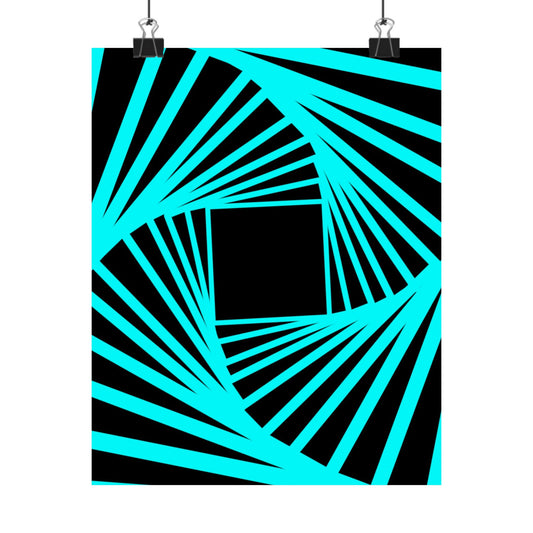 Geometric Spiral Optical Art Poster — Turquoise Black Matte Vertical Print