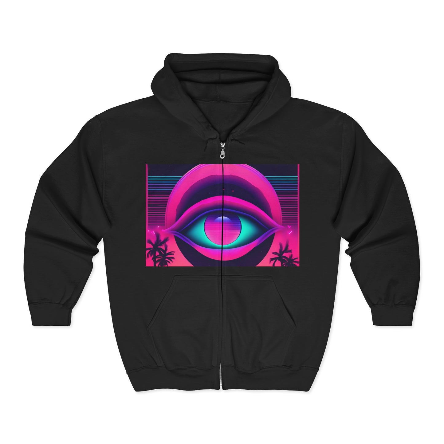 Full Zip Hoodie — Retro Neon Eye Design with “What Do You Even Mean” Text