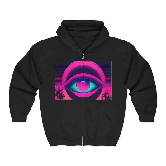 Full Zip Hoodie — Retro Neon Eye Design with “What Do You Even Mean” Text