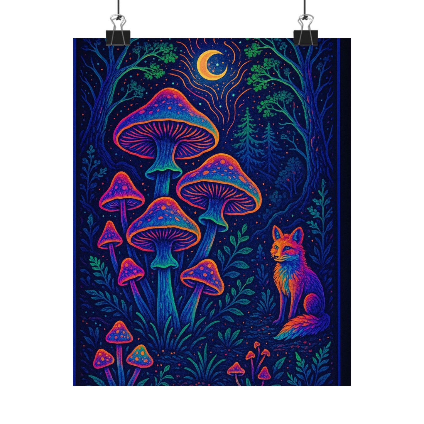 Mushroom Fox Nightscape Matte Poster — Psychedelic Forest Wall Art