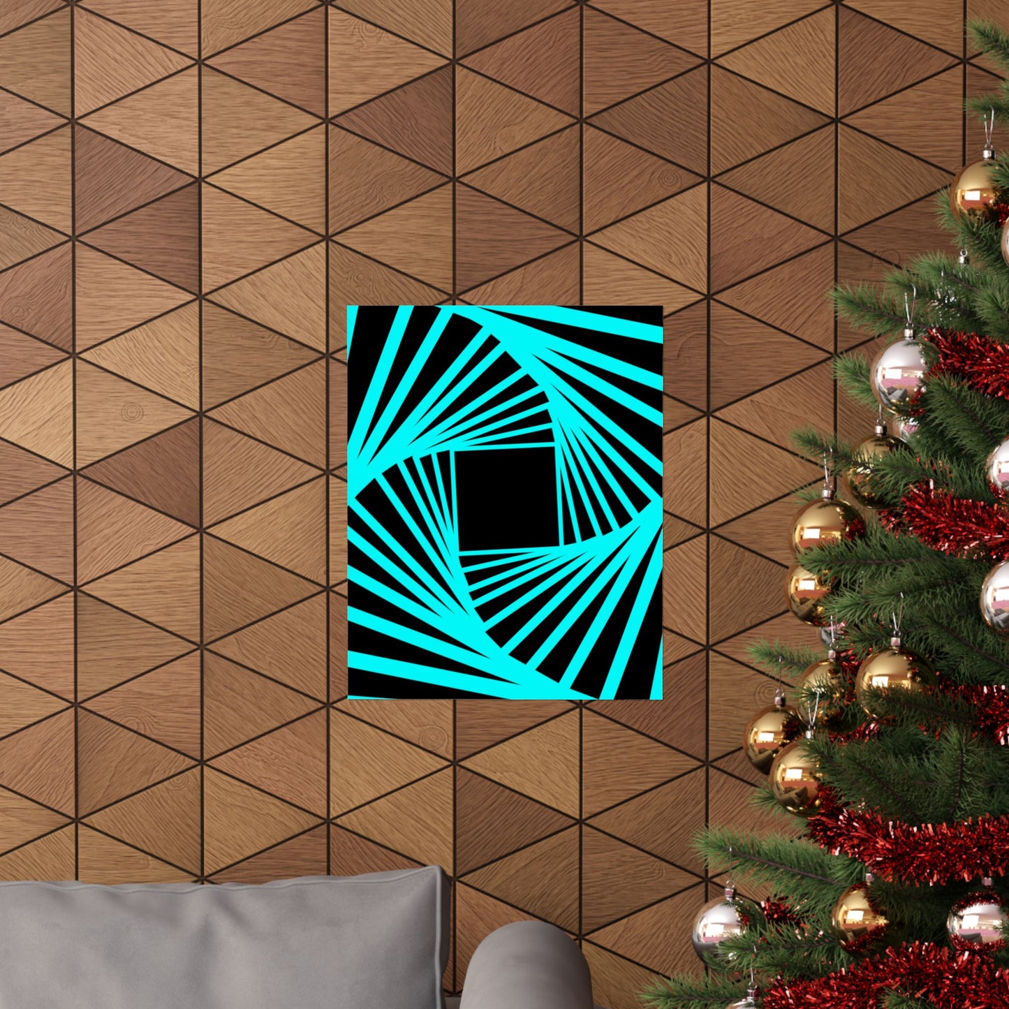Geometric Spiral Optical Art Poster — Turquoise Black Matte Vertical Print
