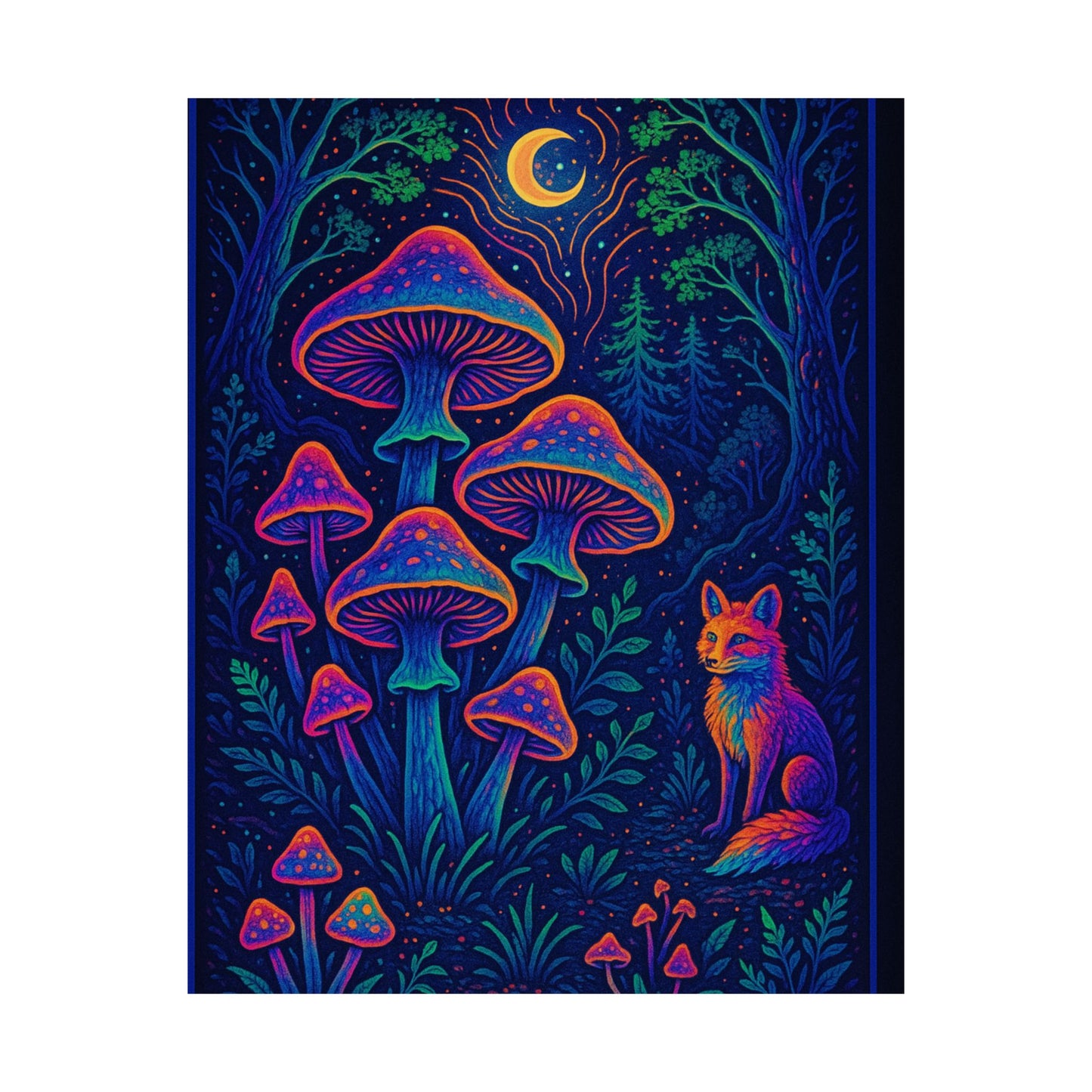 Mushroom Fox Nightscape Matte Poster — Psychedelic Forest Wall Art
