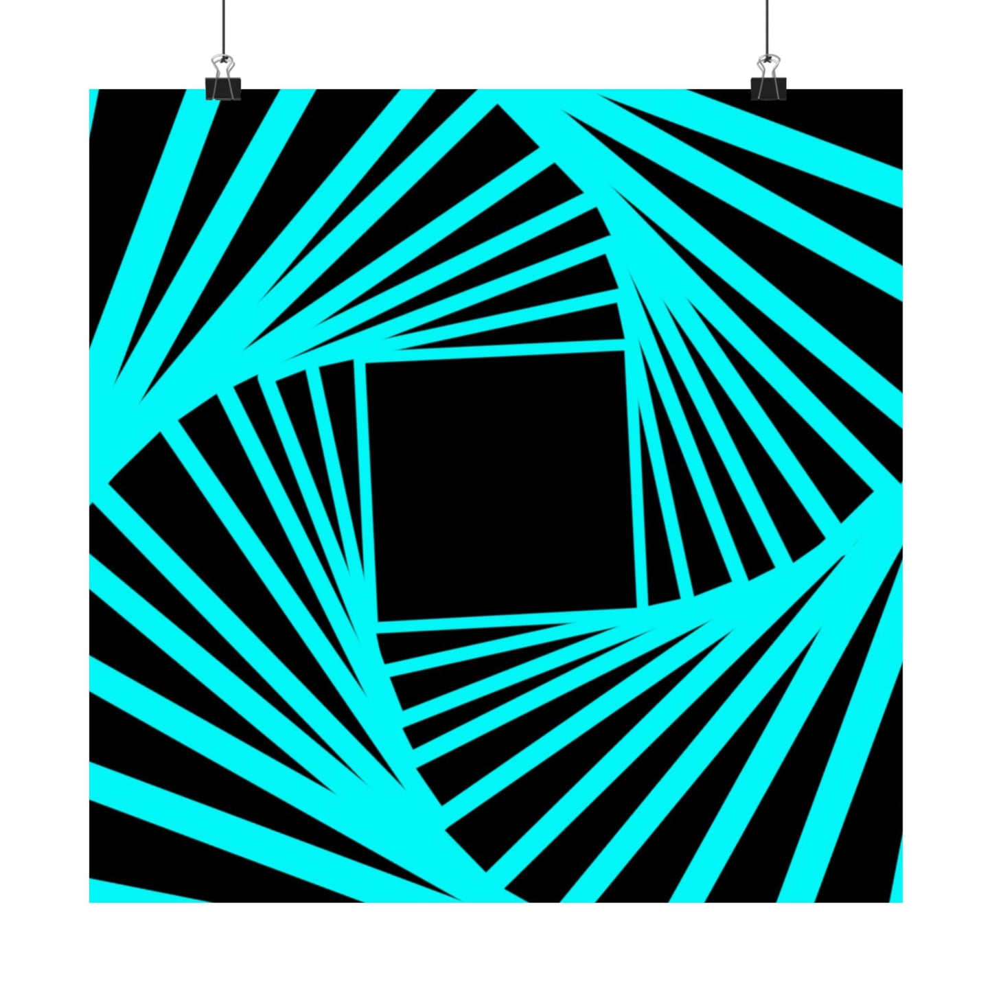 Geometric Spiral Optical Art Poster — Turquoise Black Matte Vertical Print