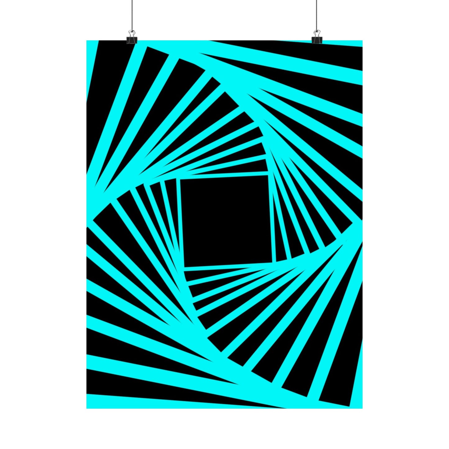 Geometric Spiral Optical Art Poster — Turquoise Black Matte Vertical Print