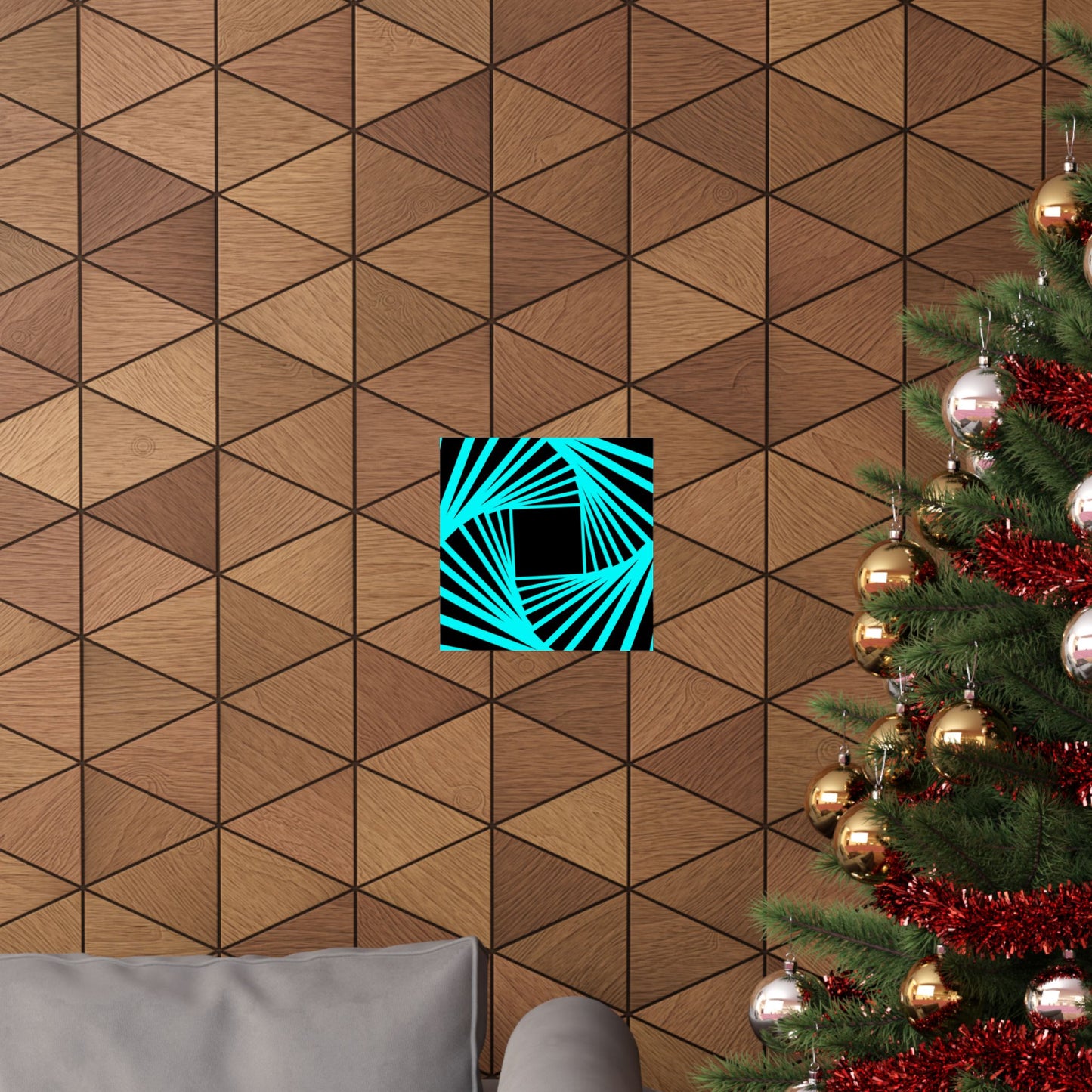 Geometric Spiral Optical Art Poster — Turquoise Black Matte Vertical Print