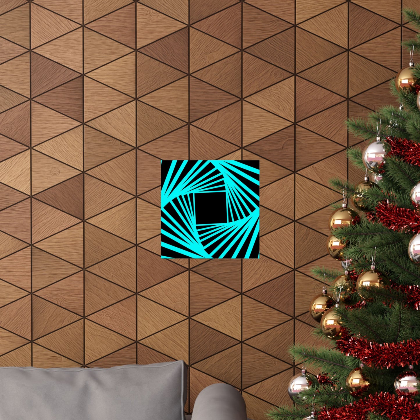 Geometric Spiral Optical Art Poster — Turquoise Black Matte Vertical Print