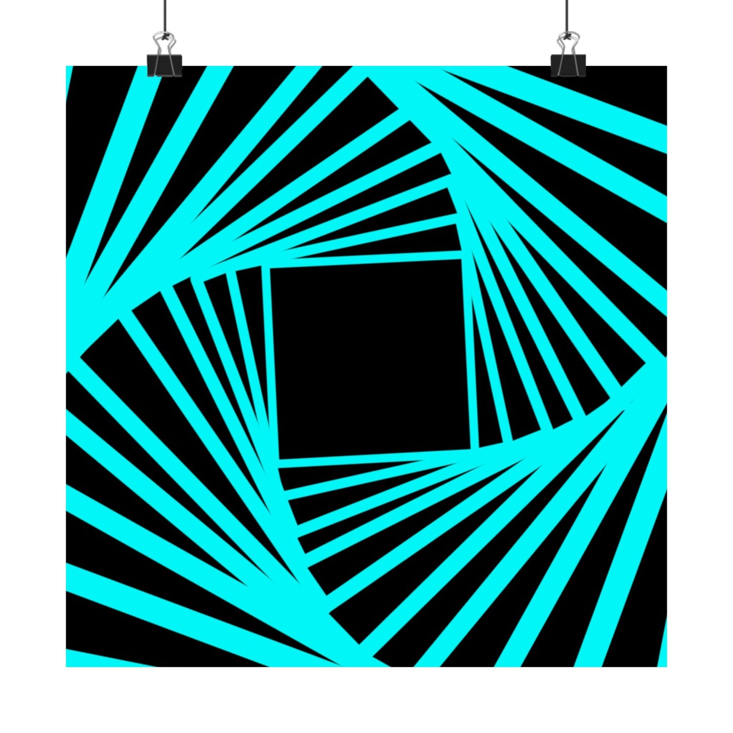 Geometric Spiral Optical Art Poster — Turquoise Black Matte Vertical Print