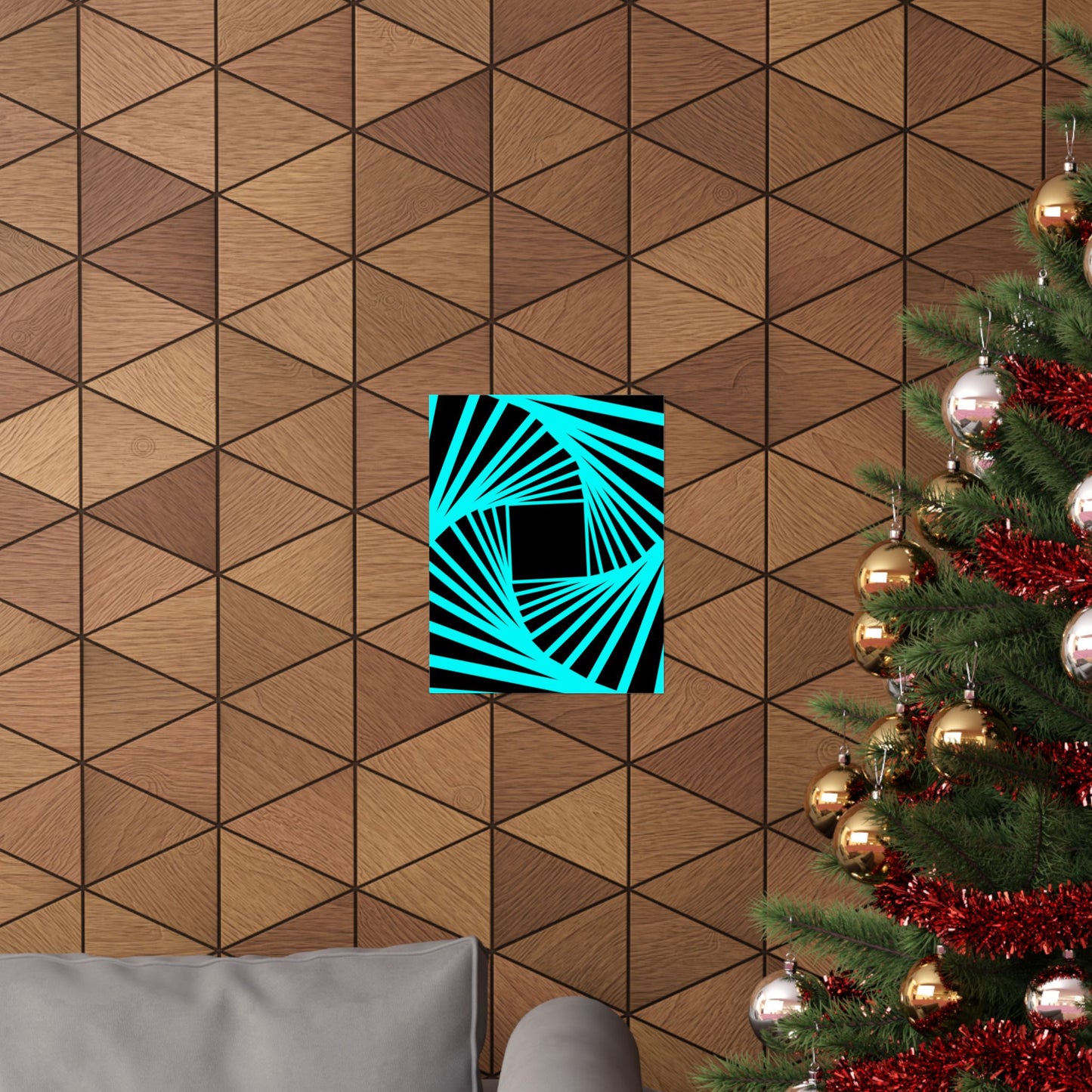 Geometric Spiral Optical Art Poster — Turquoise Black Matte Vertical Print
