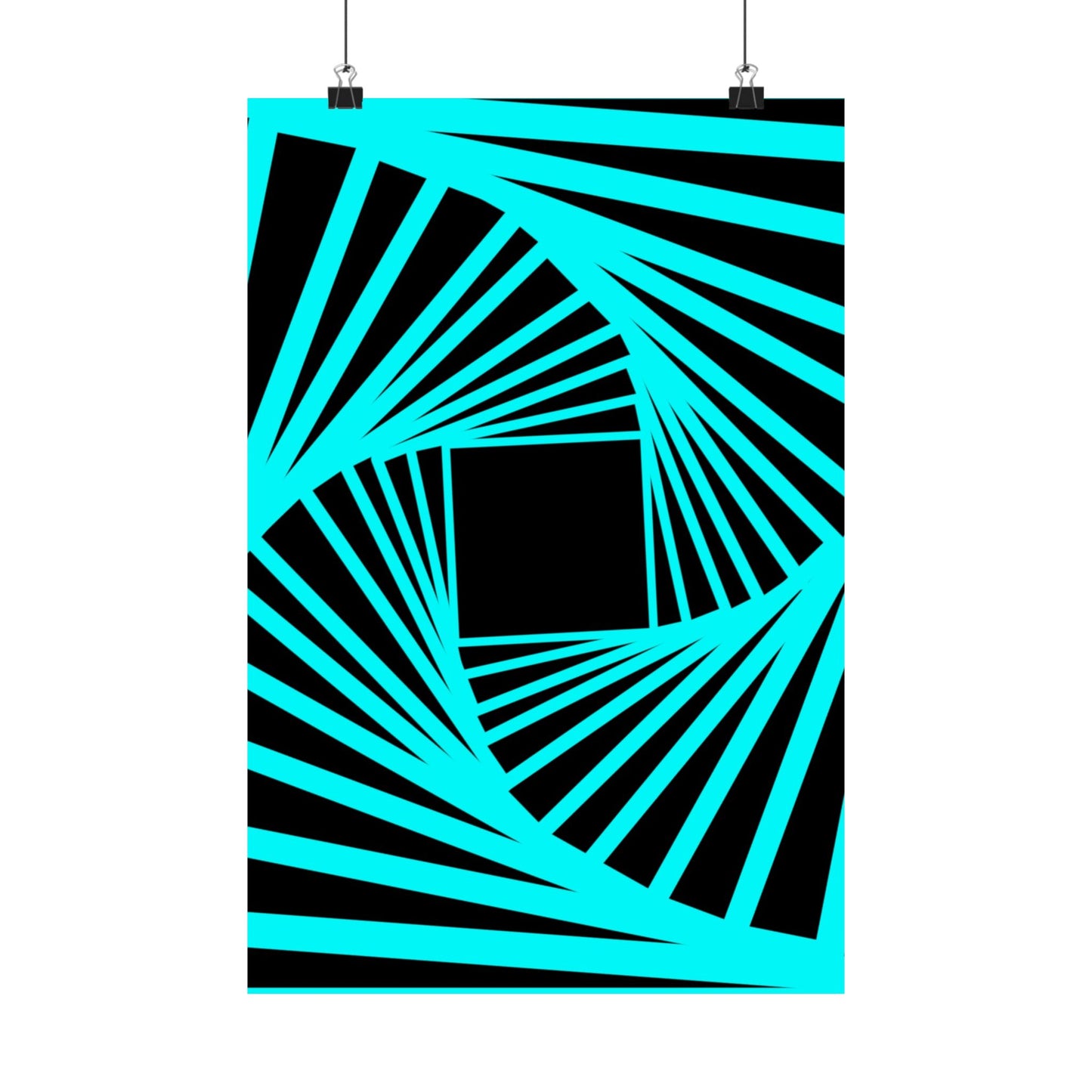 Geometric Spiral Optical Art Poster — Turquoise Black Matte Vertical Print