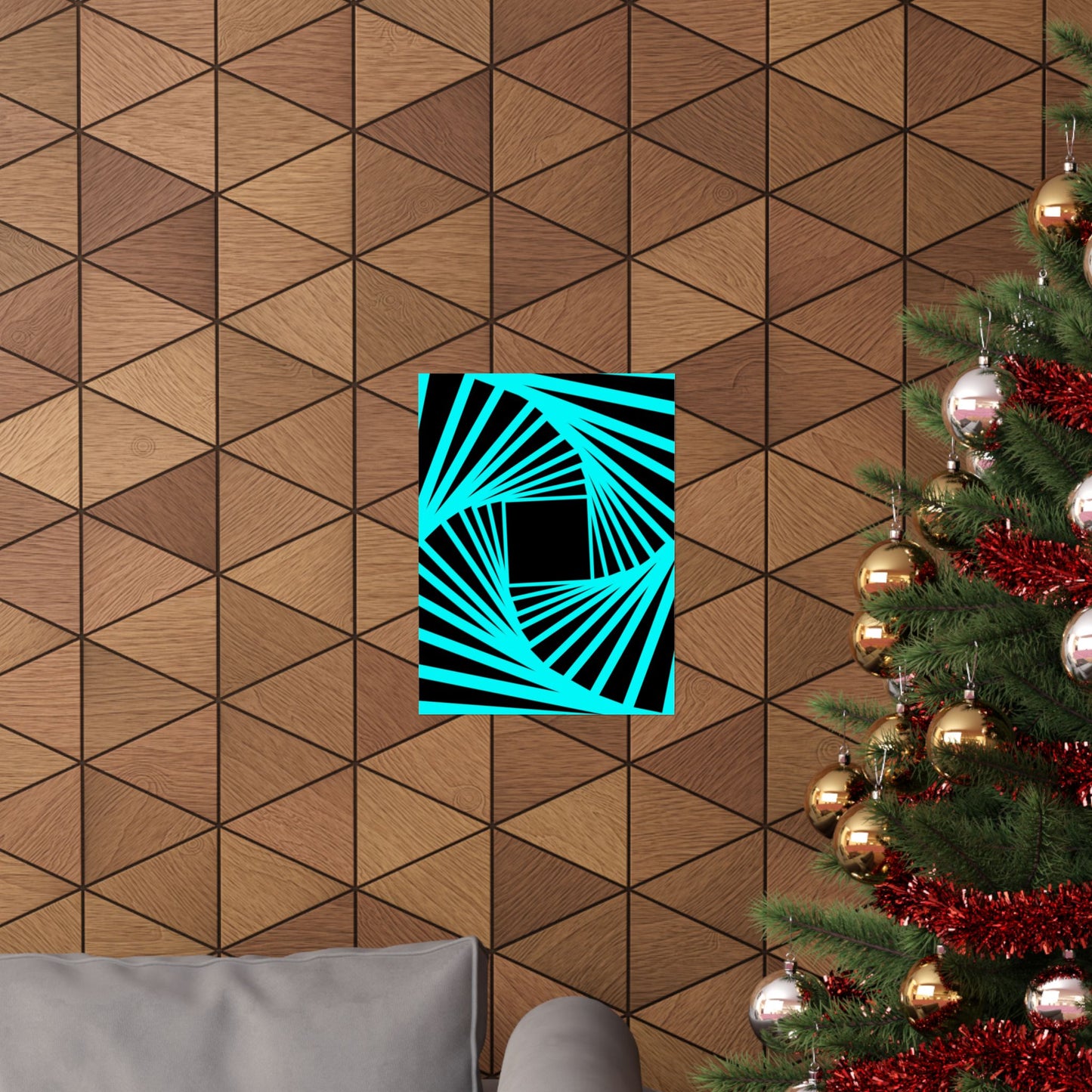 Geometric Spiral Optical Art Poster — Turquoise Black Matte Vertical Print