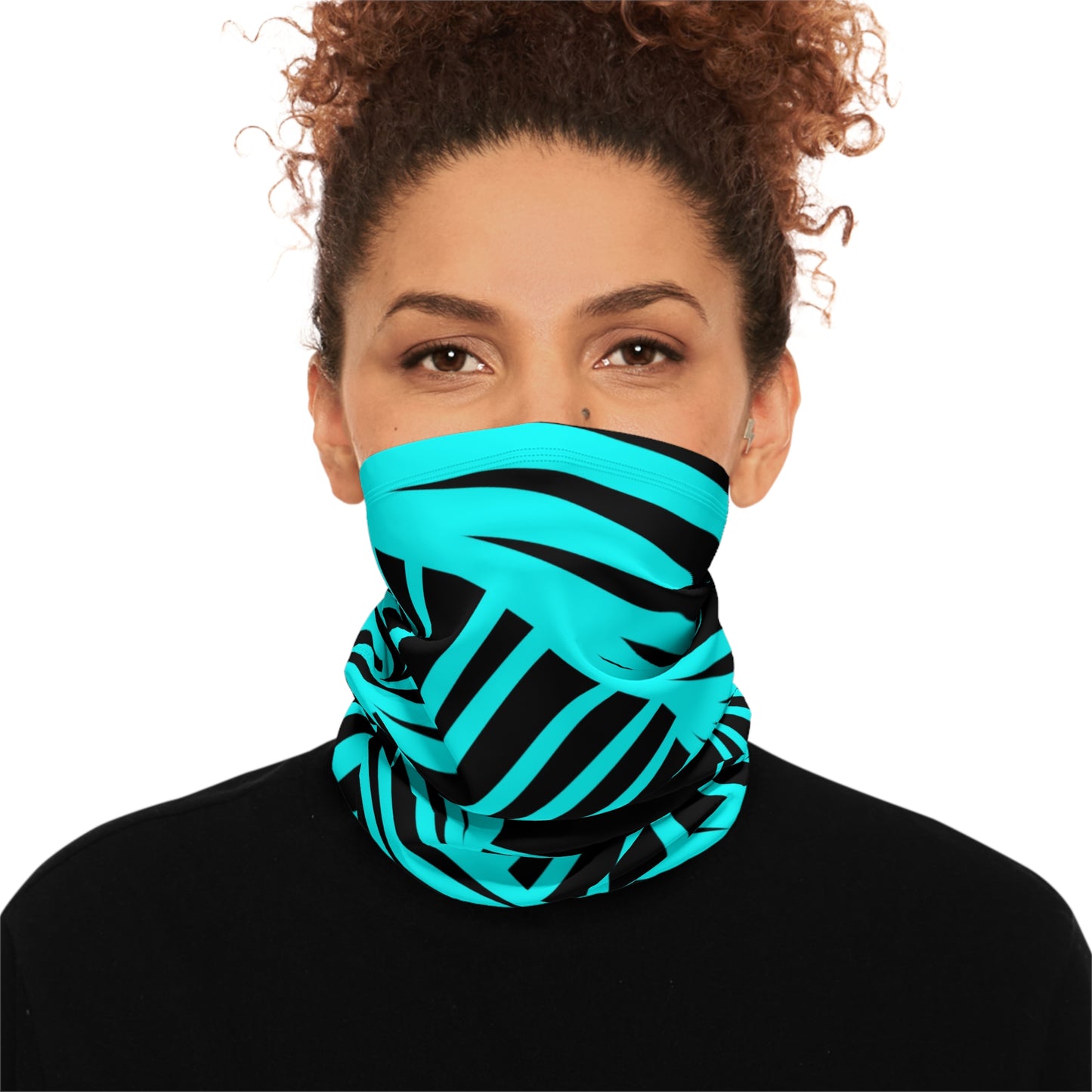 Geometric Spiral Winter Neck Gaiter — Turquoise Black Drawstring Cold-Weather Face Cover